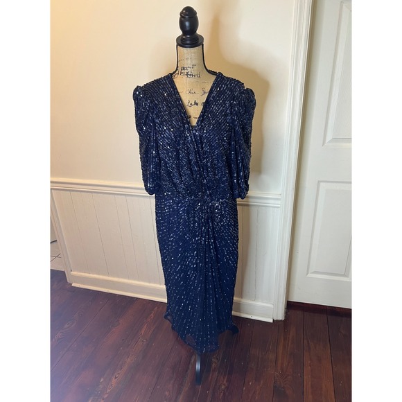 Mac Duggal 5578 size 20Navy Blue Sequin Wrap V Neck Puff Sleeve Midi Dress - Picture 5 of 14